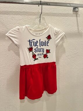 Guess Girl White Crewneck Logo Dress with Black Print